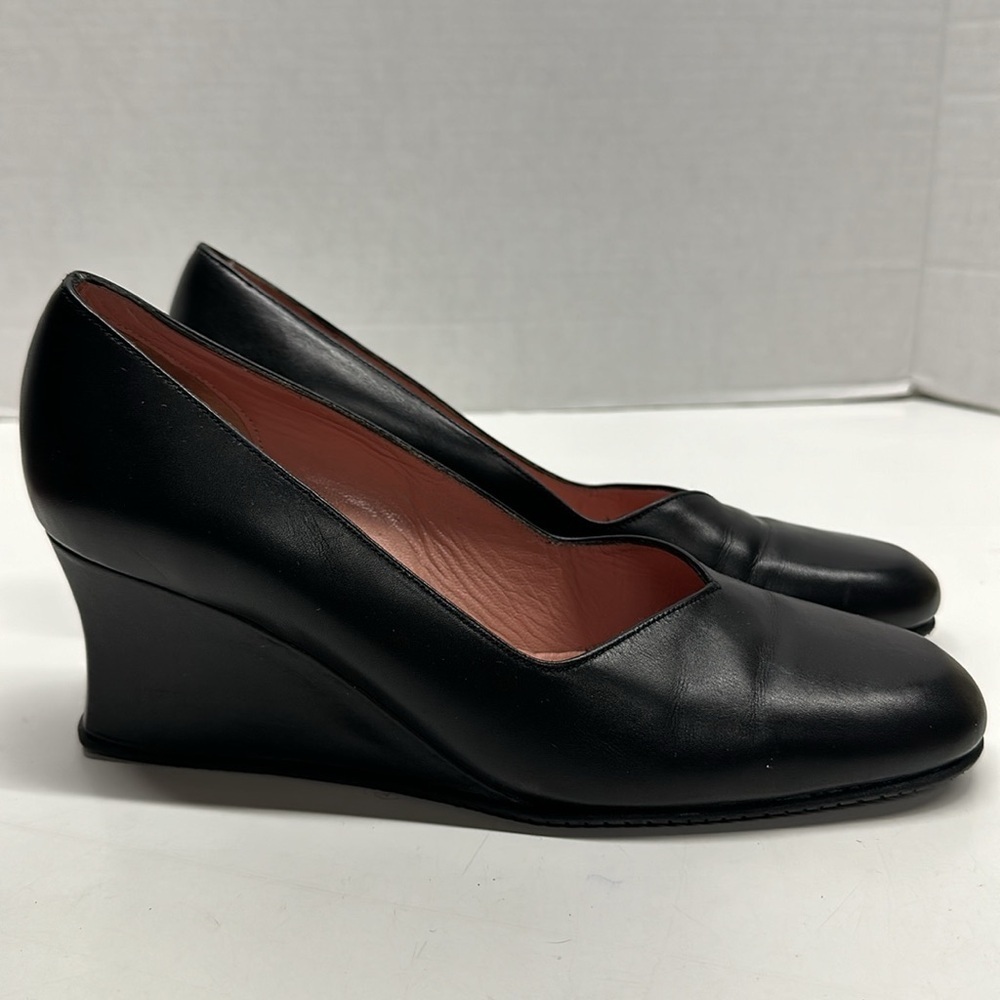 Stephanie Kelian Paris Wedges Shoes Heels Leather Round Toe Black Women Size 9.5